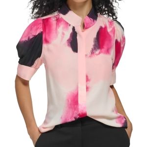 Dkny Elbow Puff Sleeve Stand Collar Blouse (S)